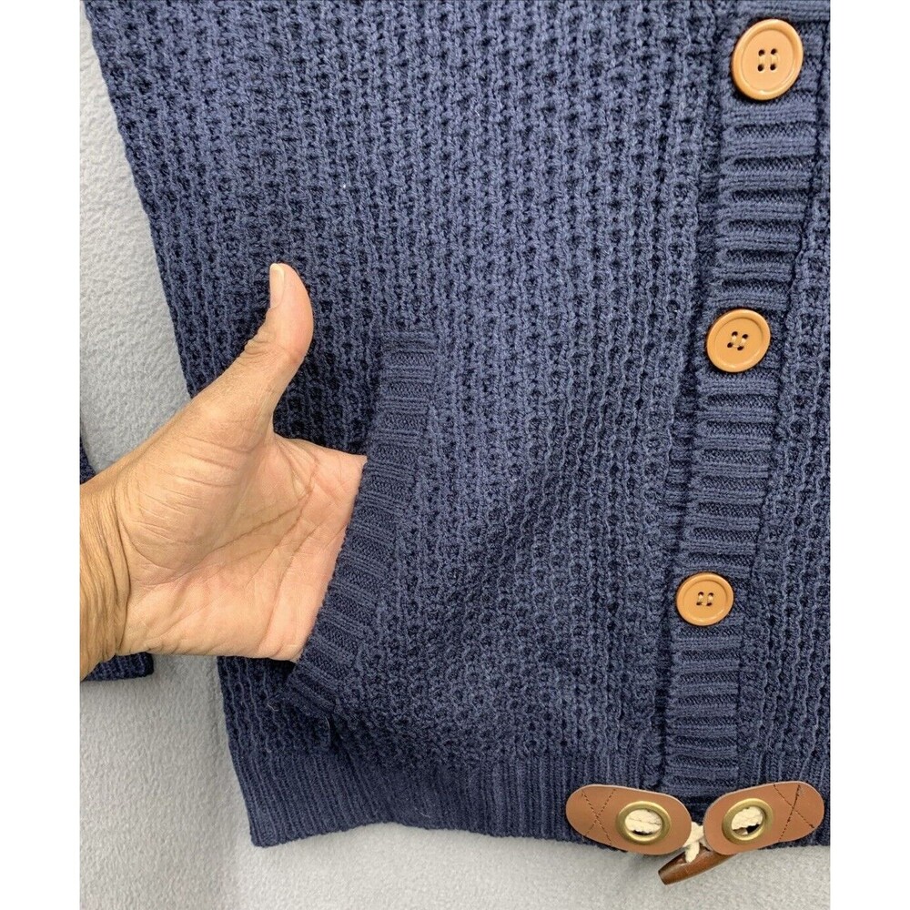 Mock Neck Chunky Knit Sweater Men’s Size L Blue Long Sleeves Pockets Toggles - Picture 11 of 13